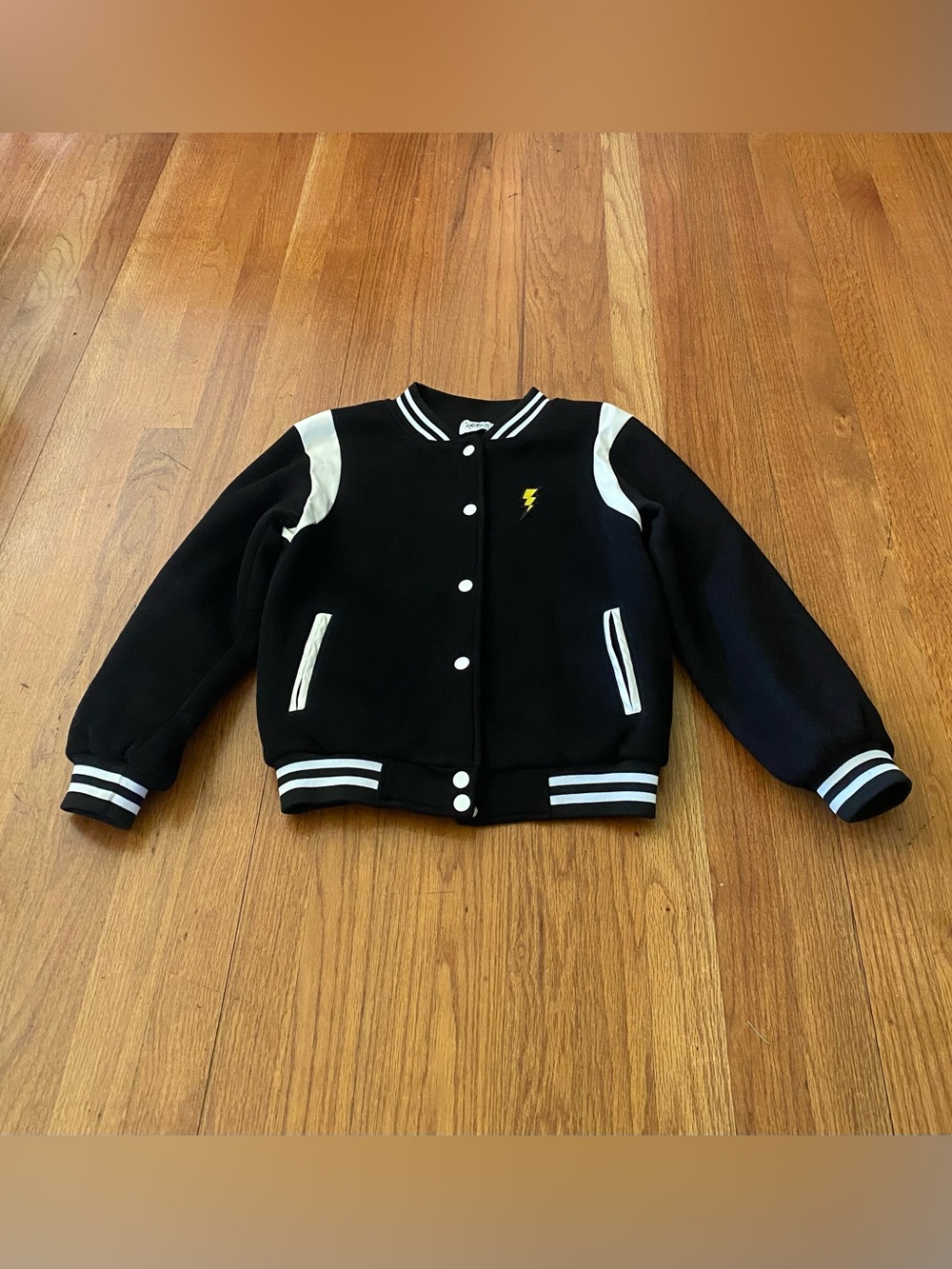 Lola + The Boys Bomber Varsity Jacket with Yellow Lightning and Big Bear Patch